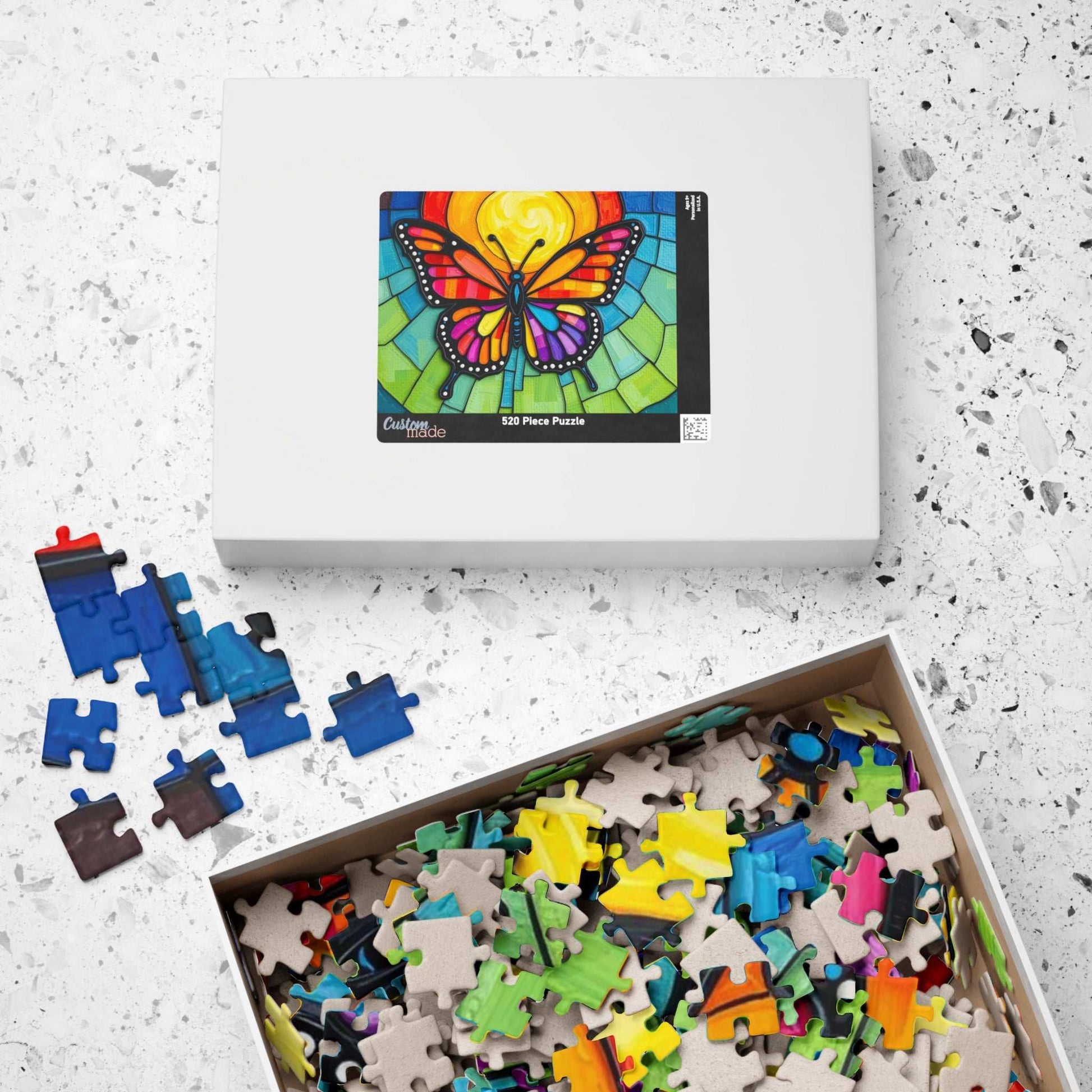 Multicolored Wings Butterfly Puzzle, Stained Glass Style 110-1014 Piece Jigsaw Game, Mindfulness Activity, Family Fun, Holiday Birthday Gift