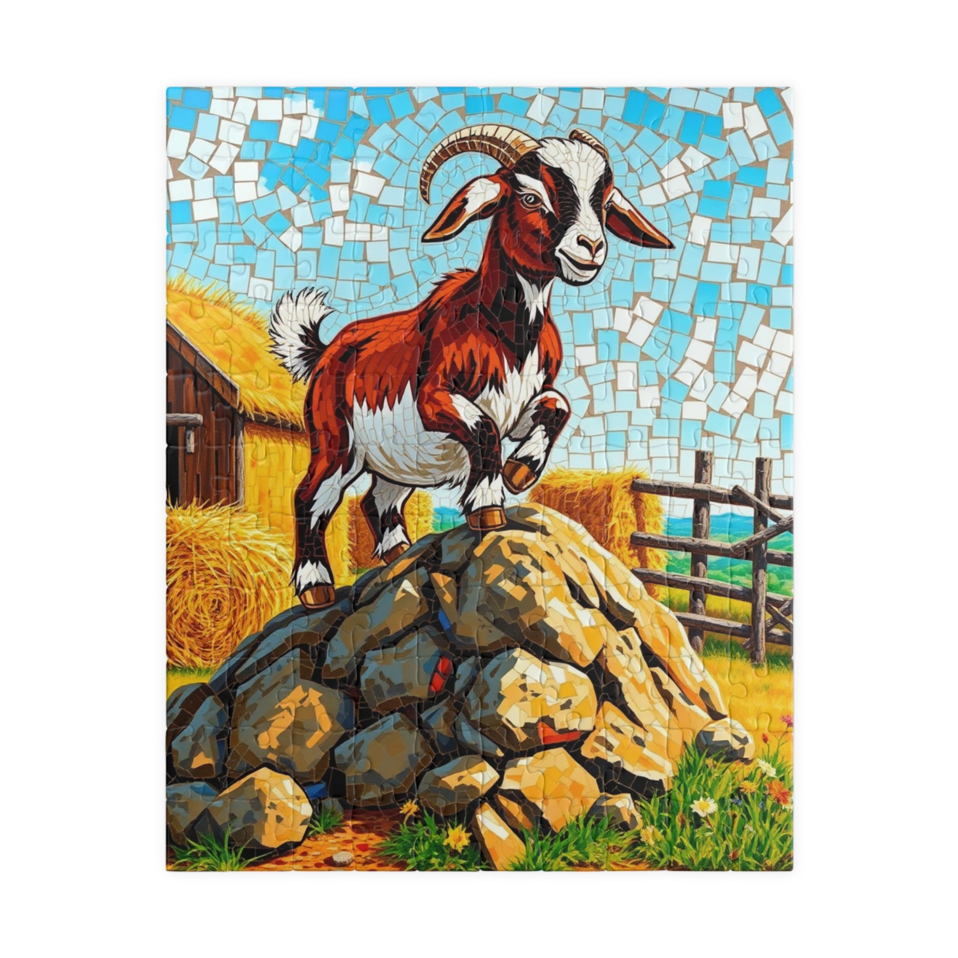 Playful Goat Mosaic Puzzle, Goat on Rocky Hill, Sunny Farm Scene Jigsaw Game for Adults, Family Activity, Mindful Puzzle Lover Gift 110 pcs (Vertical) Puzzle The Puzzle Chest