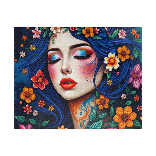 Floral Blue-Haired Woman Puzzle | Vibrant Portrait Jigsaw Puzzle The Puzzle Chest