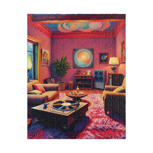 1970s Throwback Living Room Jigsaw Puzzle, Nostalgic Design: Turntable Lava Lamp Shag Rug Groovy Wallpaper, Quiet Pastime, Puzzle Lover Gift