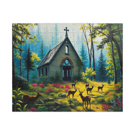 Sancturary Reclaimed Jigsaw Puzzle - Collapsed Chapel in Forest, Deer Puzzle, Gothic Puzzle, Serene Nature Puzzle, Wildlife Art Print 110 pcs (Horizontal) Puzzle The Puzzle Chest