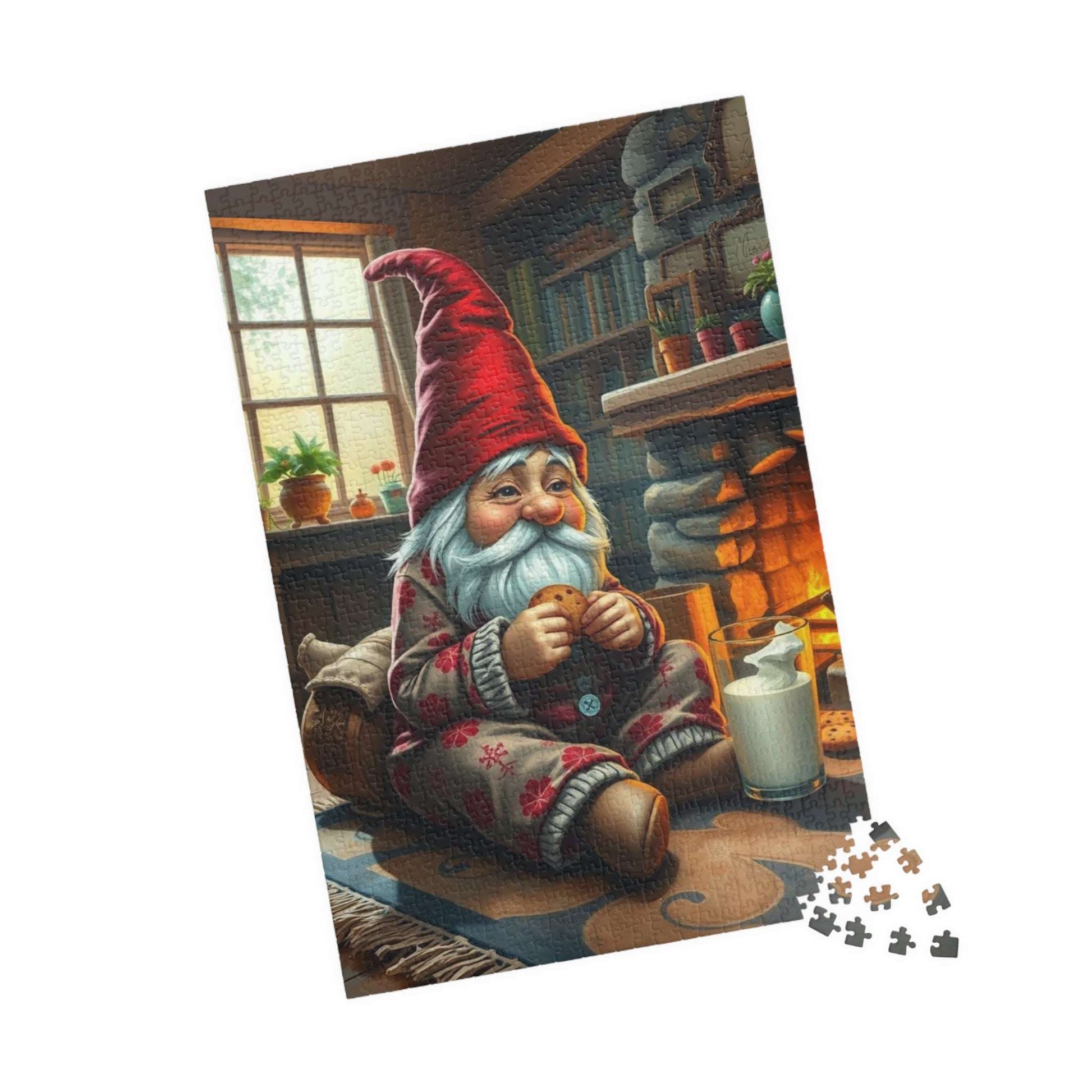 Gnome Pajama Snack – Cozy Cottage Fireplace Milk and Cookies Jigsaw Puzzle 1014 pcs (Vertical) Puzzle The Puzzle Chest