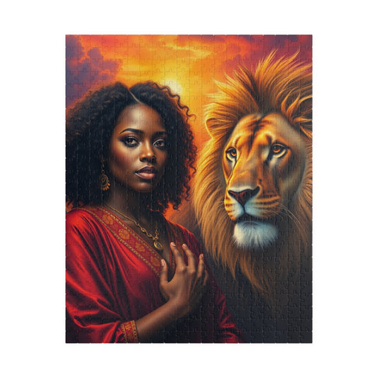 Empowering Lion and Woman Puzzle, Black Art Afrocentric Theme Jigsaw Game, Mindfulness Gift for Friends, Family Night, Home Entertainment 520 pcs (Vertical) Puzzle The Puzzle Chest