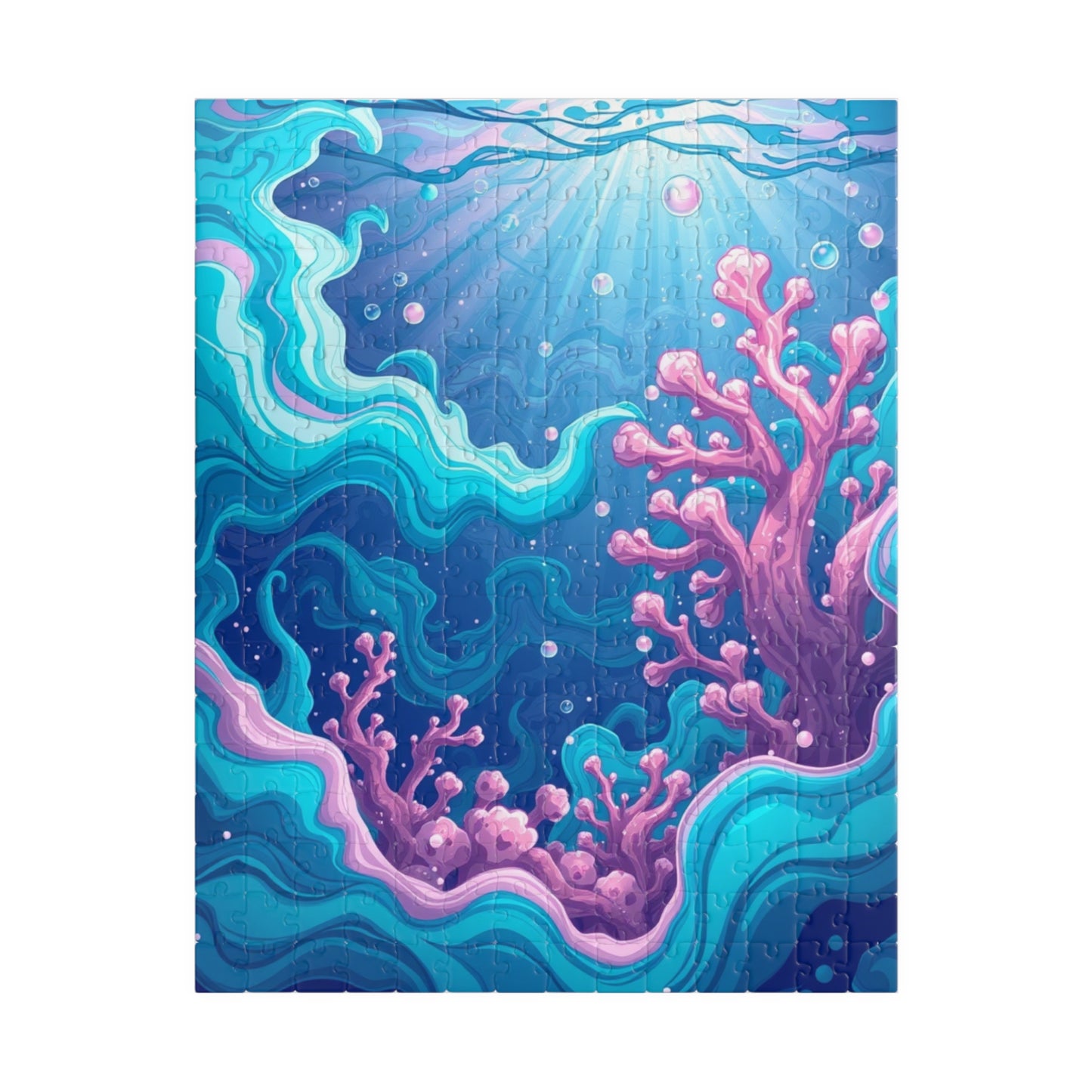 Abstract Underwater Scene Puzzle - Teal Aqua Pink Waves Coral Bubbles Light Beams Jigsaw Game 252 pcs (Vertical) Puzzle The Puzzle Chest