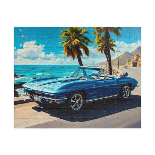Vintage Car Puzzle, 1963 Corvette Stingray Retro Auto Jigsaw Game, Fun Family Activity, Beach Theme Gift for Car Enthusiasts, Summer Vibes 110 pcs (Horizontal) The Puzzle Chest