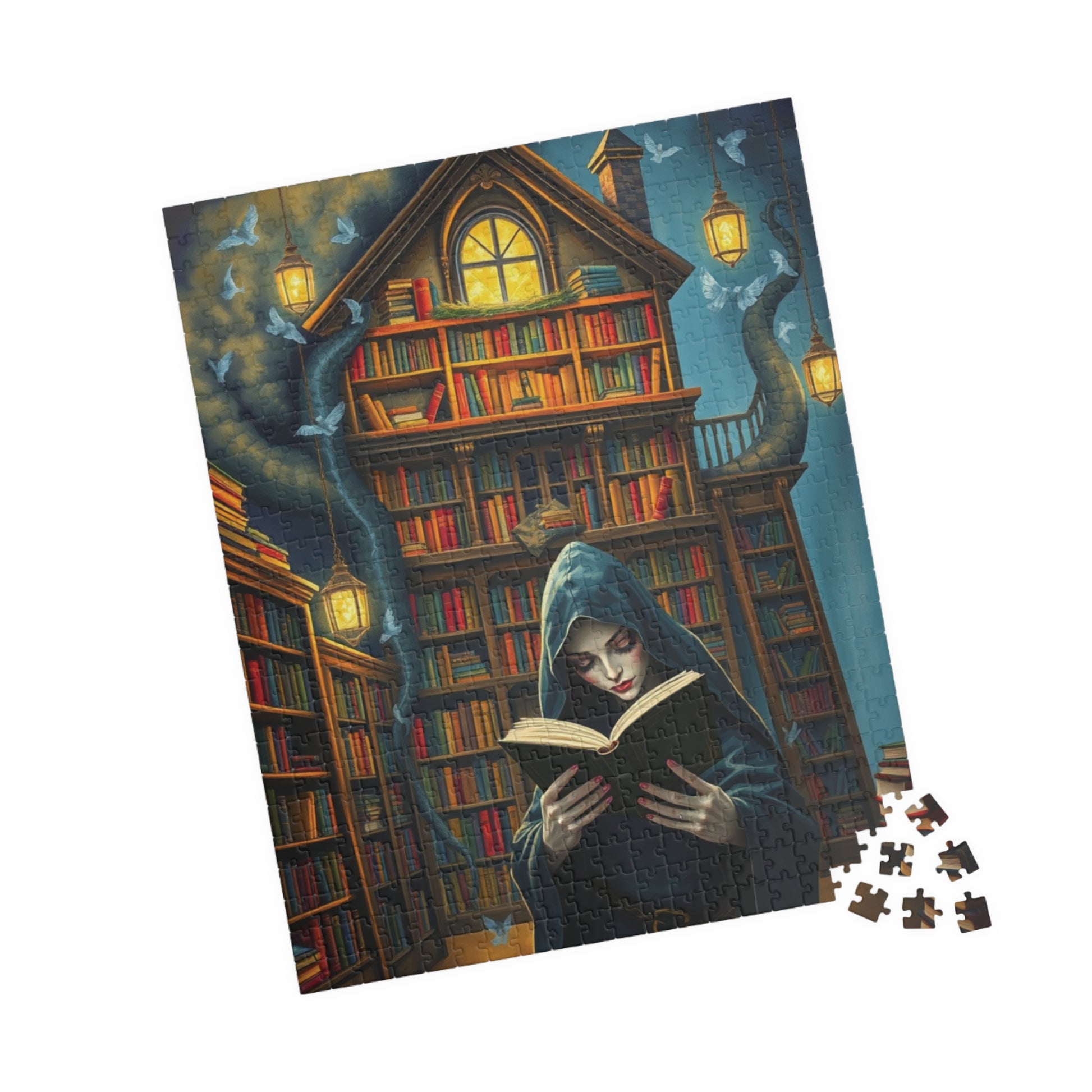 Gothic Bookstore Jigsaw Puzzle, Cloaked Figure Pale Skin Intense Eyes, Dark Fantasy Whimsical, Challenging Adult Tabletop Game, Giftable Puzzle The Puzzle Chest