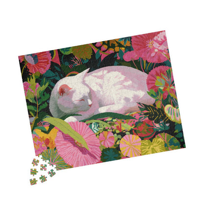 The Sleeping Garden Cat – Bright Fauvist Garden Jigsaw Puzzle, Animal Theme Nature and Cat Art Puzzle 520 pcs (Horizontal) Puzzle The Puzzle Chest