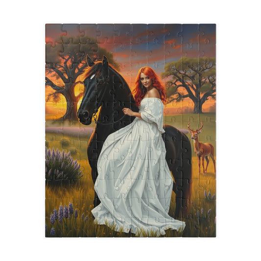 Puzzle, Woman with Vibrant Red Hair and White Flowing Dress Rides a Black Stallion, Jigsaw, Game, Brain Teaser, Activity, Relaxation, Home 110 pcs (Vertical) Puzzle The Puzzle Chest