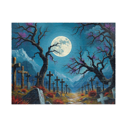 Moonlit Crosses Jigsaw Puzzle - Abandoned Cemetery, Gothic Art Print, Gothic Landscape, Spooky Graveyard Puzzle Lover Dark Fantasy Gift Idea 252 pcs (Horizontal) Puzzle The Puzzle Chest