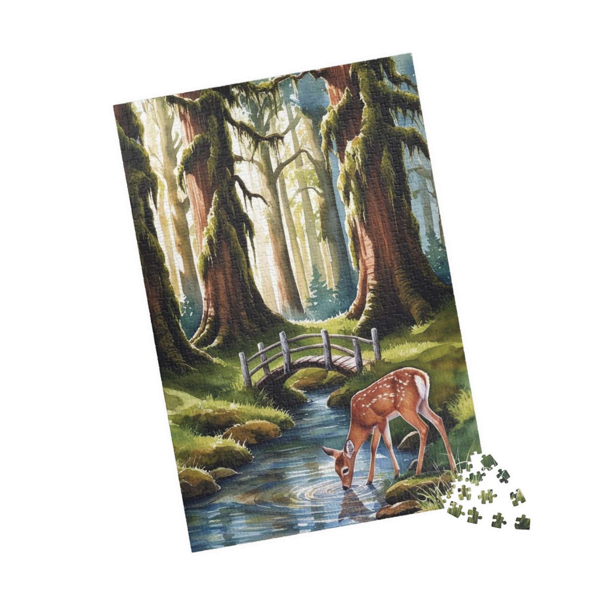 Forest Landscape Jigsaw Puzzle, Deer River Mossy Trees Wildlife Woodland Nature Game Night Family Activity Relaxing Mindfulness Unique Hobby Puzzle The Puzzle Chest