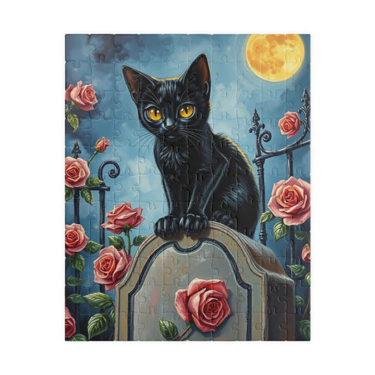 Graveyard Night Stalker Jigsaw Puzzle - Black Cat on Moonlight Gravestone, Halloween Game, Gift for Cat Lover, Challenging Family Activity