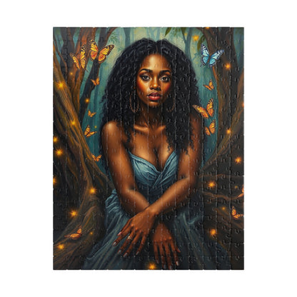 Afrocentric Jigsaw Puzzle - Black Woman in Mystical Forest, Fireflies and Butterflies Design, Relaxing Indoor Family or Solo Activity, Gift