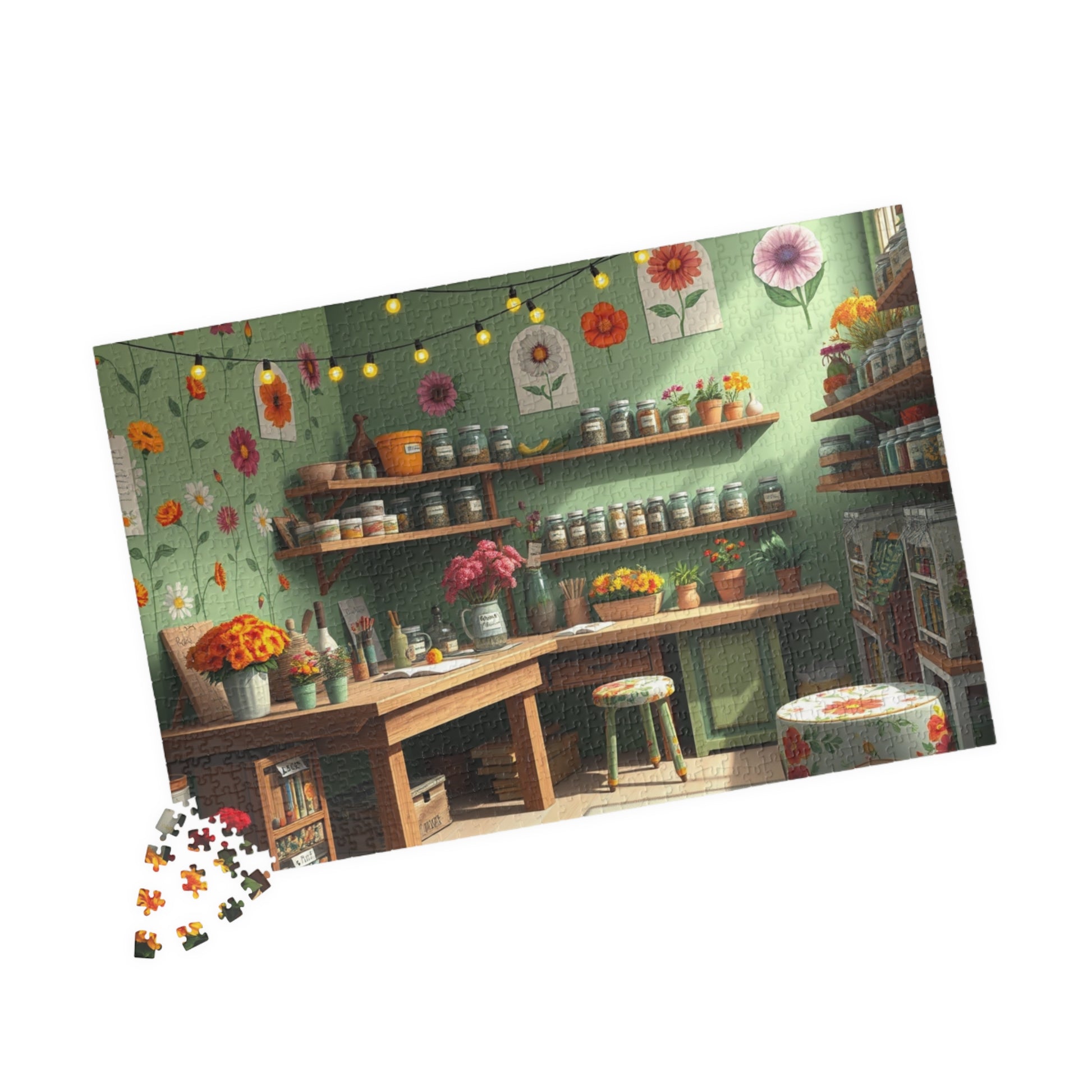 Country Garden Workshop Puzzle (110-1014 Piece), Colorful Flower Illustrations Sage Green Walls and String Lights, Plant Enthusiast Gift Puzzle The Puzzle Chest