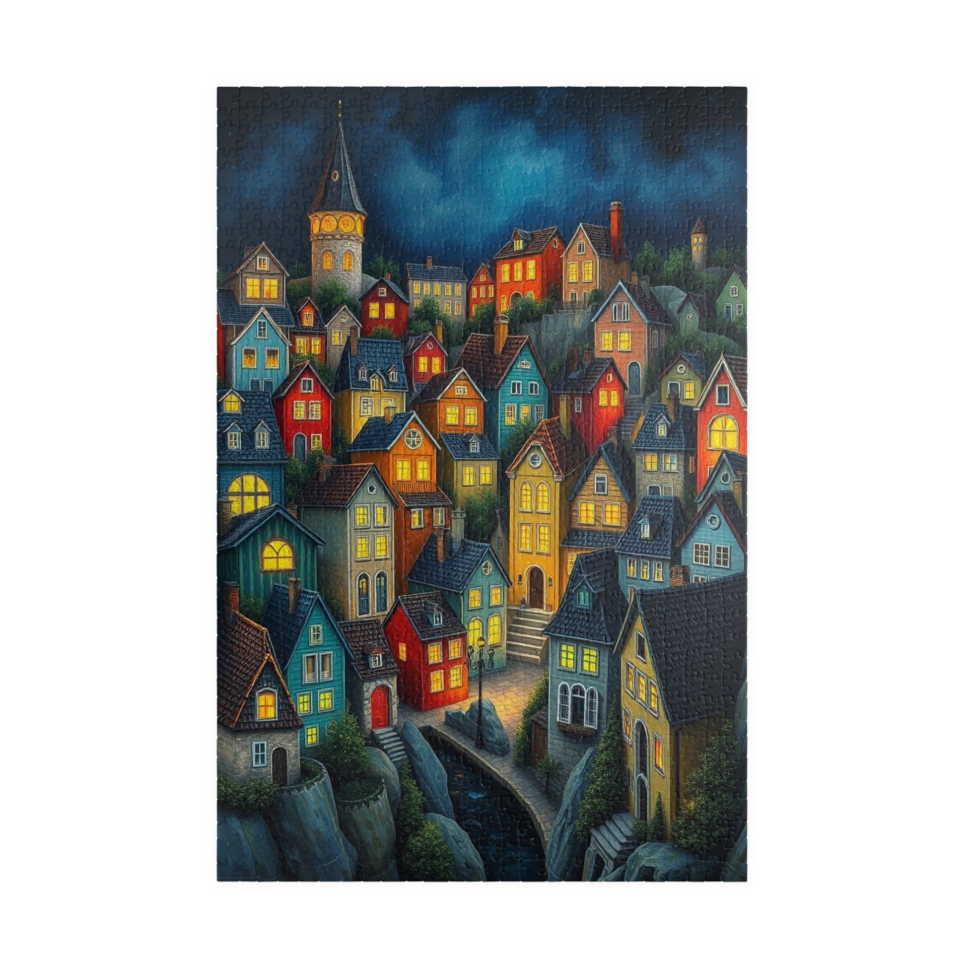 Village Puzzle at Night with Colorful Houses and Glowing Windows, Nighttime Adult Jigsaw Game, Bioluminescent Town 1014 pcs (Vertical) The Puzzle Chest