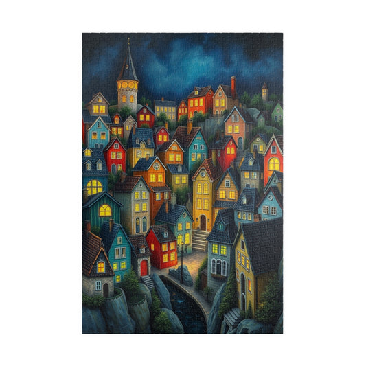 Village Puzzle at Night with Colorful Houses and Glowing Windows, Nighttime Adult Jigsaw Game, Bioluminescent Town 1014 pcs (Vertical) The Puzzle Chest