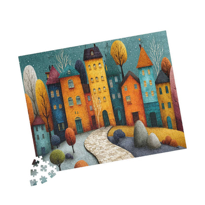 Playful Fantasy Village Jigsaw Puzzle – Artistic Townscape with Colorful Homes, Winding Path and Storybook Landscape 520 pcs (Horizontal) Puzzle The Puzzle Chest