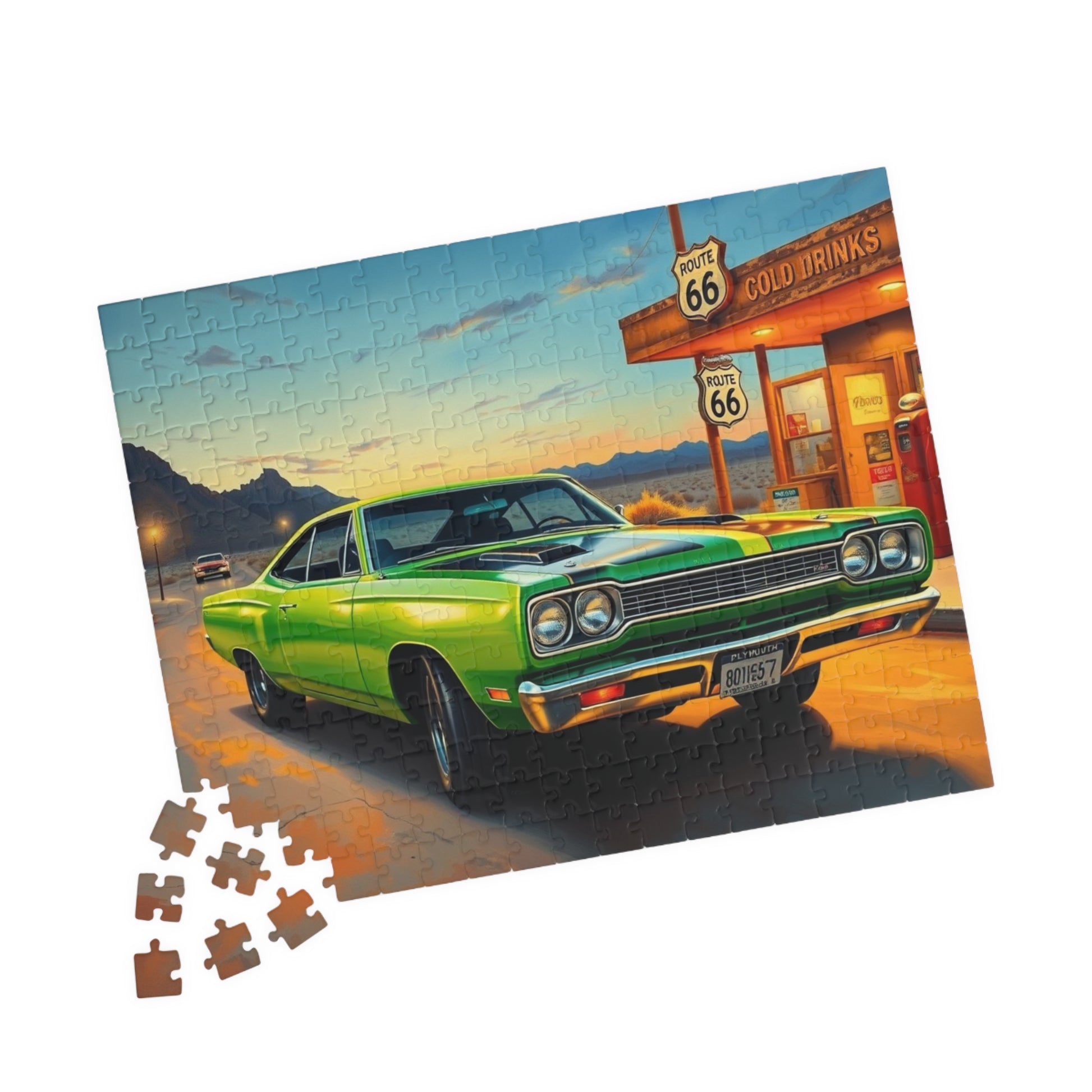 Vintage Route 66 Car Jigsaw Puzzle, Lime Green 1969 Plymouth Road Runner Nostalgic Gift for Car Lovers, Family Fun, Automobile Enthusiasts Puzzle The Puzzle Chest