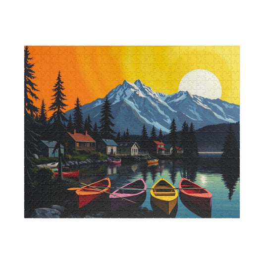 Banff Lakeside Village Puzzle for Adults, Nature Kayaks Trees Cabins and Mountains Jigsaw Game for Family Activity, Gift for Puzzle Lovers 520 pcs (Horizontal) Puzzle The Puzzle Chest