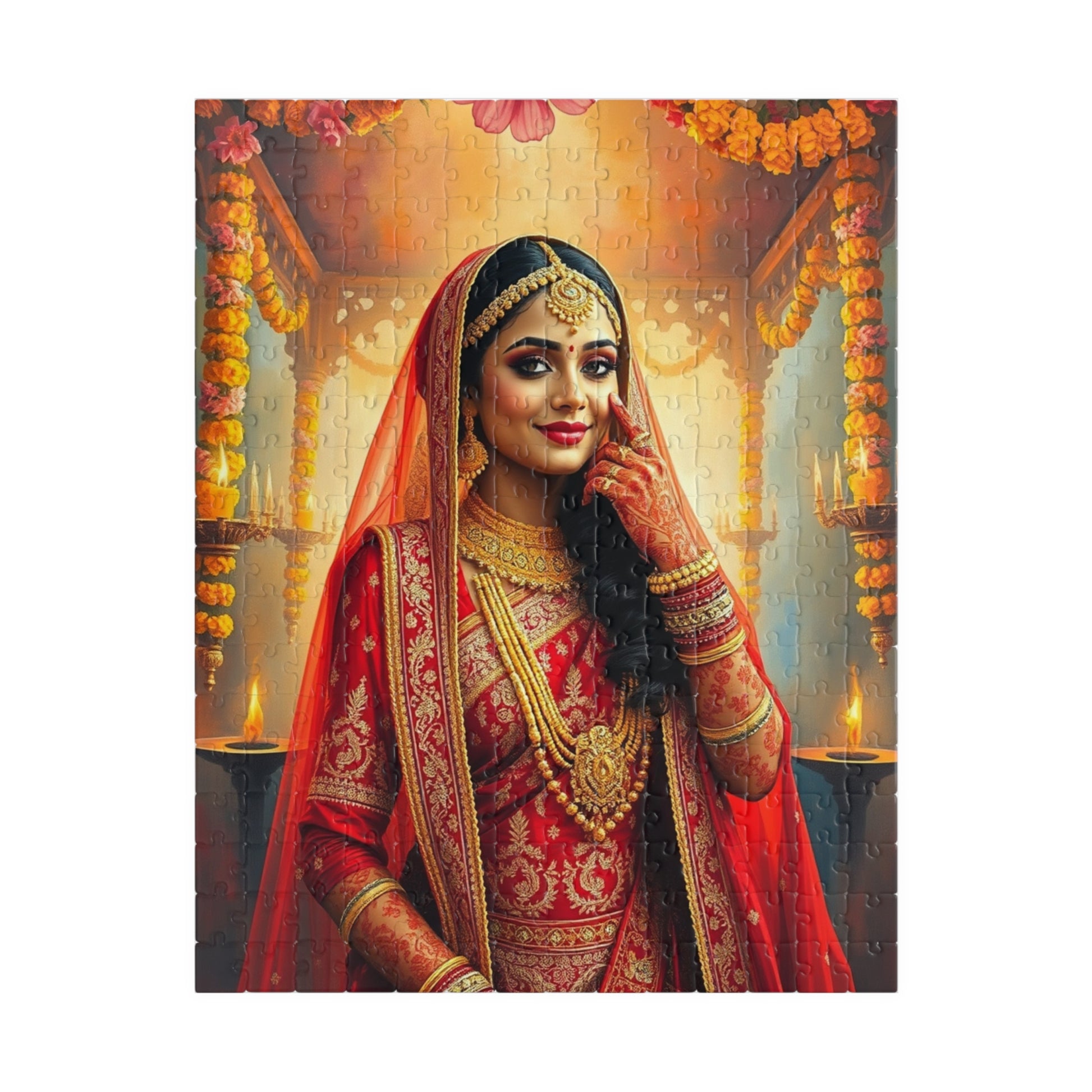 Puzzle, Indian Bride in Red and Gold Lehenga, Henna and Gold Jewelry, 520-Piece Jigsaw, Meditation, Relaxation, Mindfulness, Indian Wedding 252 pcs (Vertical) Puzzle The Puzzle Chest
