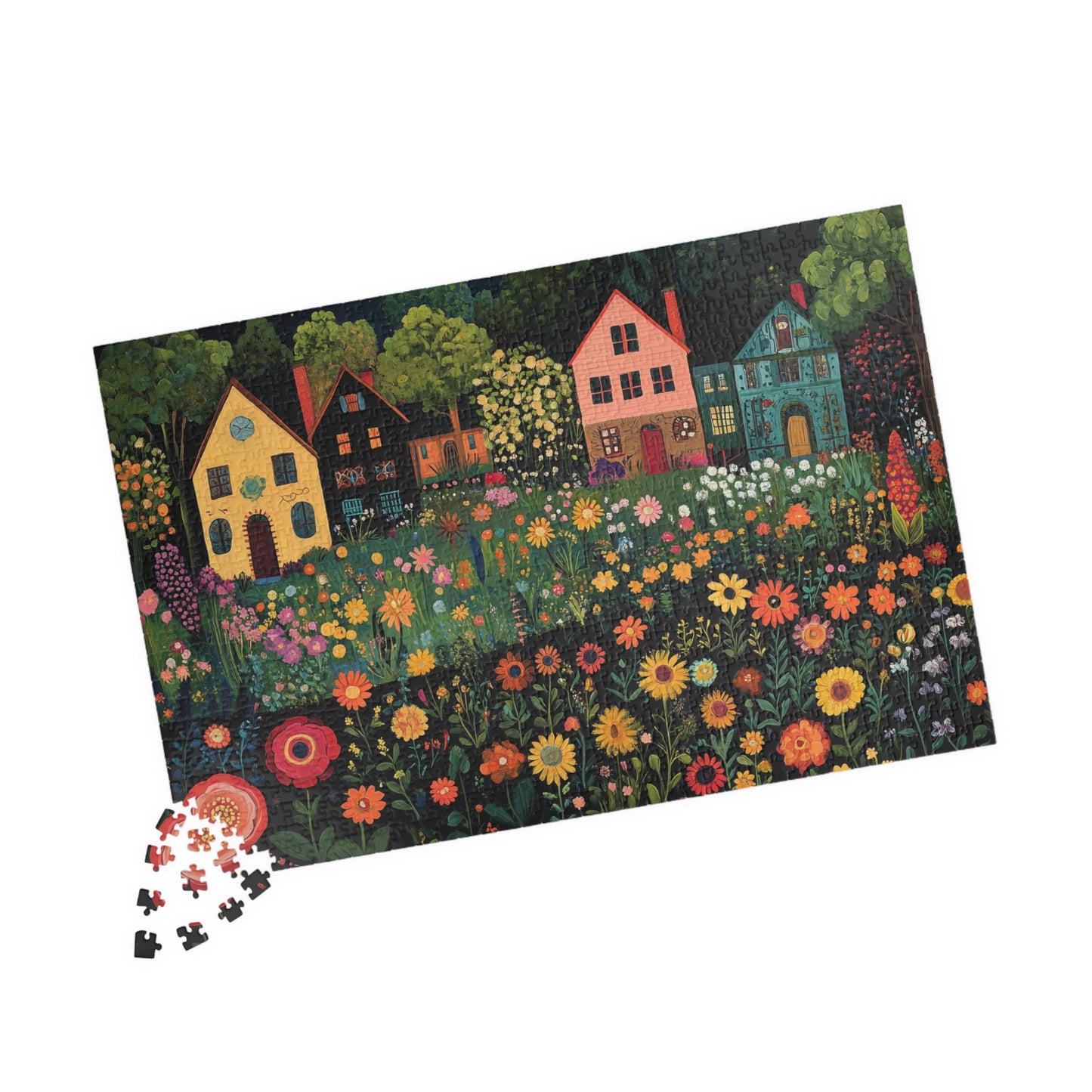 Whimsical Floral Village Jigsaw Puzzle - Moonlit Cottage Scene 1014 pcs (Horizontal) Puzzle The Puzzle Chest