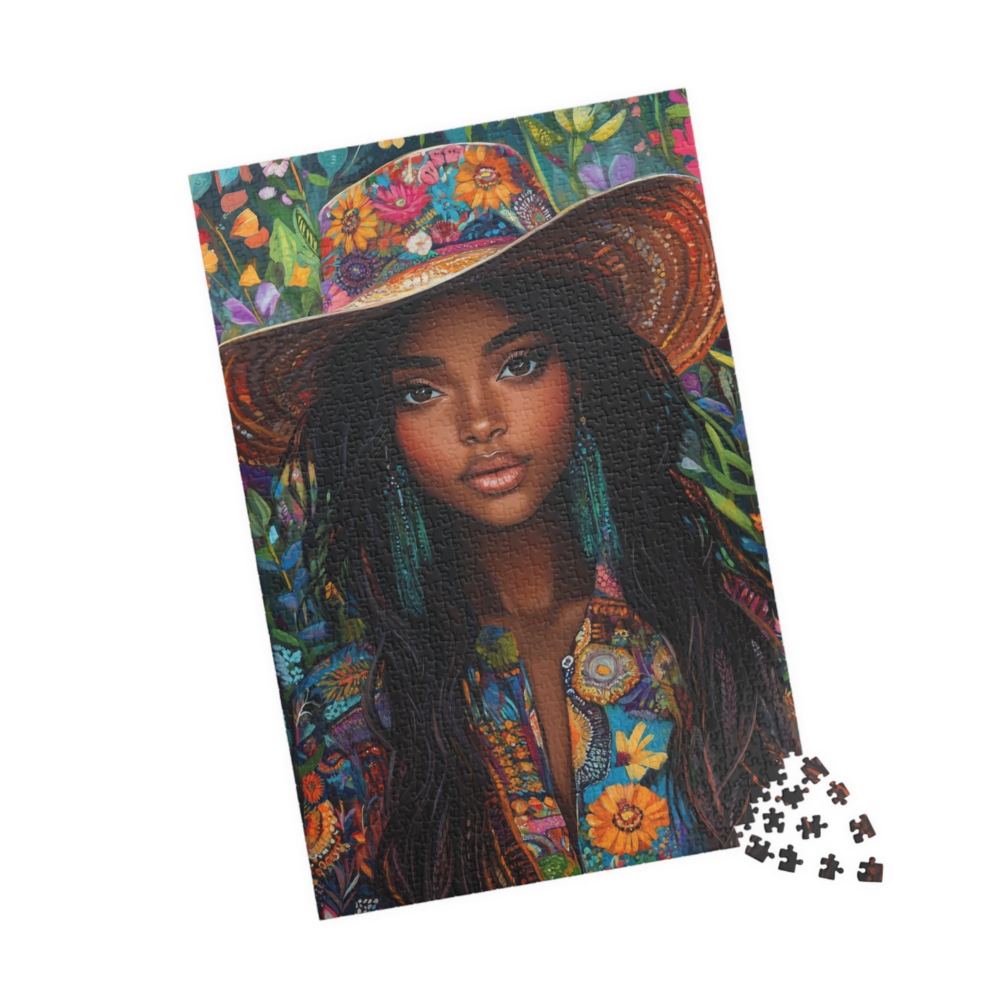 Boho Floral Portrait Puzzle 110-1014 Piece | African American Sunhat Woman Jigsaw