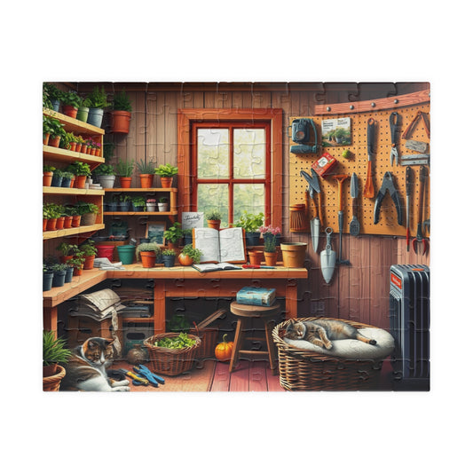 Quaint Garden Workshop Puzzle with Herbs, Tools, and Tabby Cats, Challenging Jigsaw Game, Plant Gardening Lover Best Unique Gift, Mindful 110 pcs (Horizontal) Puzzle The Puzzle Chest