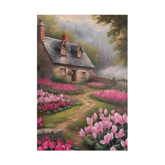 Enchanted Stone Cottage Puzzle, Thatched Roof Home Blooming Cyclamen Meadow, Idyllic Countryside Pink Purple Floral Landscape Game, Giftable 1014 pcs (Vertical) Puzzle The Puzzle Chest