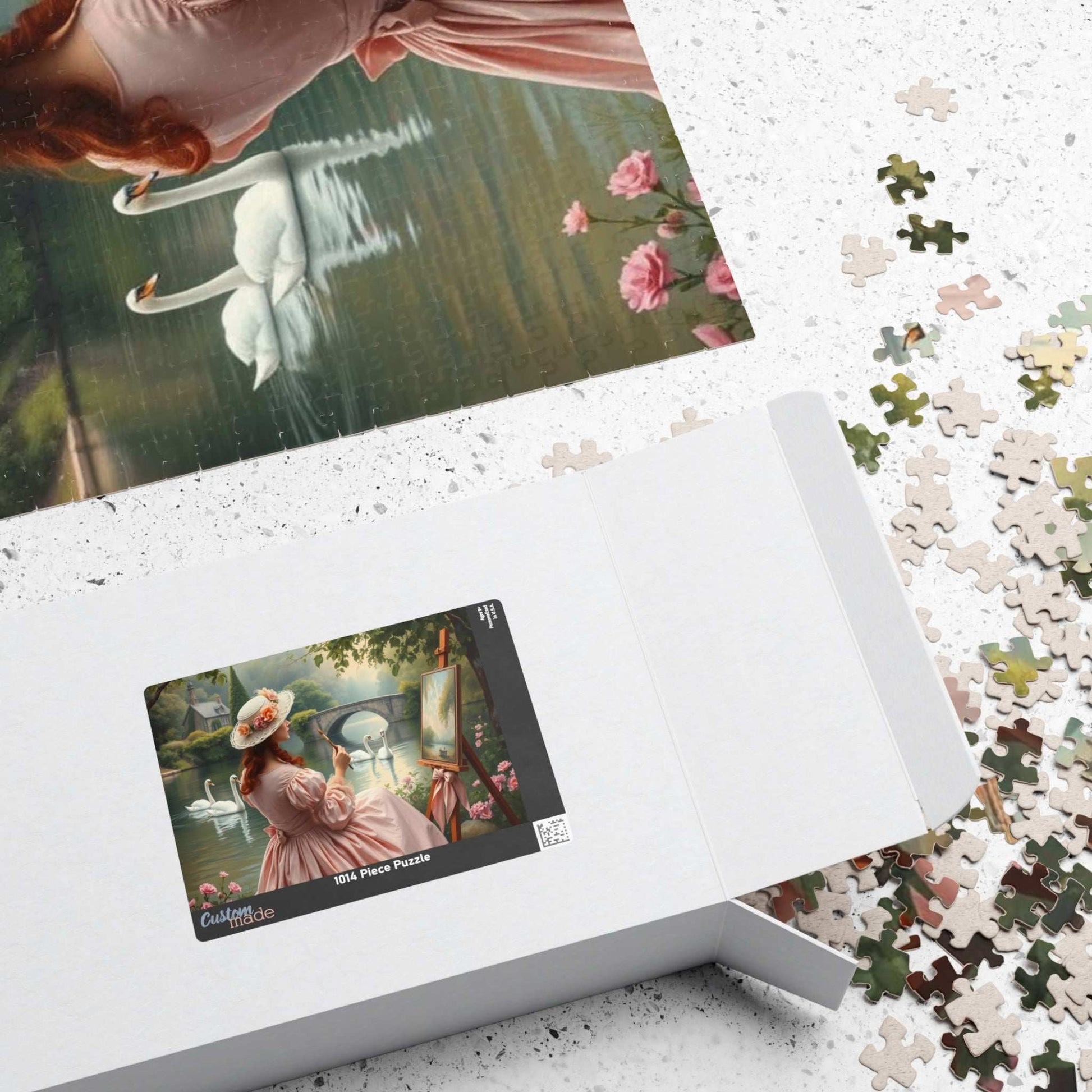 Romantic Lake Painting Jigsaw Puzzle - Victorian Woman, Swans, Stone Bridge & Blossoms, Vintage Style Gift for Art Lover Puzzle The Puzzle Chest