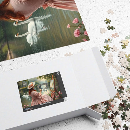 Romantic Lake Painting Jigsaw Puzzle - Victorian Woman, Swans, Stone Bridge & Blossoms, Vintage Style Gift for Art Lover Puzzle The Puzzle Chest