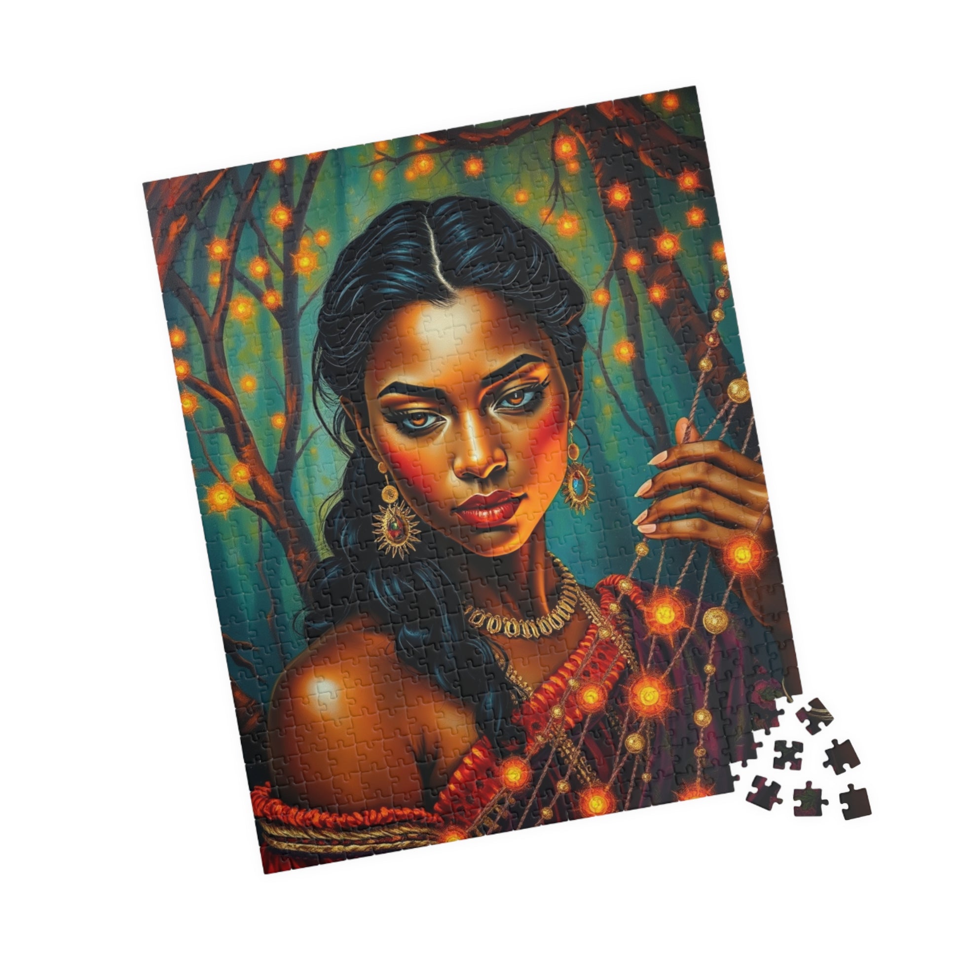Indigenous Woman Portrait Puzzle, Beautiful Bioluminescent Forest Scene, Family Friendly Mindful Jigsaw Game, Challenge for Puzzle Lover Puzzle The Puzzle Chest