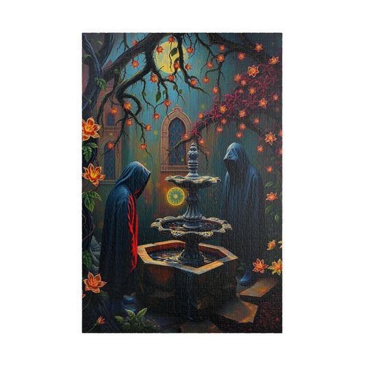Ghostly Gothic Garden Puzzle, Dark Fantasy Scene with Glowing Flowers and Hooded Figures, Quiet Leisure Staycation Activity for Puzzle Lover 1014 pcs (Vertical) Puzzle The Puzzle Chest