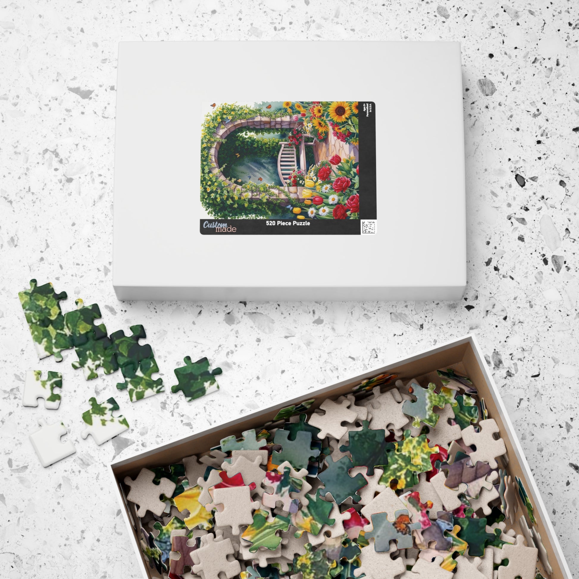 Jigsaw Puzzle, Flower Garden Mosaic Puzzle, Roses Tulips Daisies Sunflowers, Wooden Bench Ivy Butterflies, 110 252 520 1014 pieces, Gift for Puzzle The Puzzle Chest