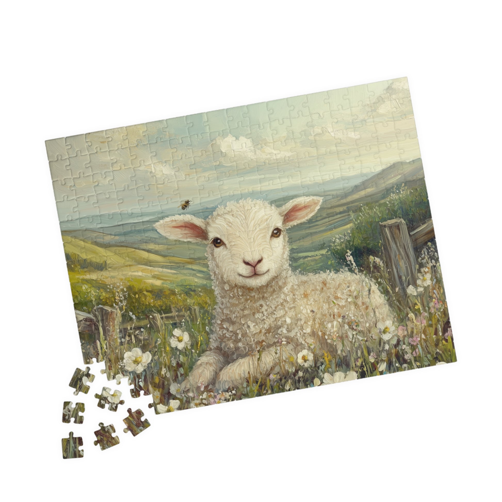 Lamb in Wildflowers Puzzle | Sheep in Countryside Landscape | 110/252/520/1014-piece 252 pcs (Horizontal) Puzzle The Puzzle Chest