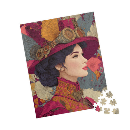 Vibrant Steampunk Lady Jigsaw Puzzle – Artistic Floral Background and Vintage Gear Hat 252 pcs (Vertical) Puzzle The Puzzle Chest