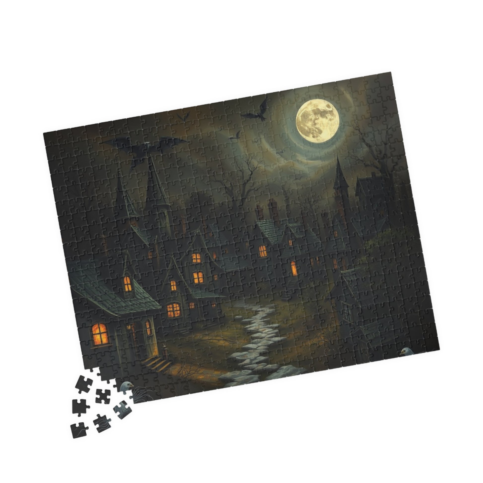Eerie Village Puzzle (110, 252, 520, 1014-piece), Black Houses Glowing Windows and Full Moon, Spooky Nighttime Scene, Gothic Lover Gift The Puzzle Chest