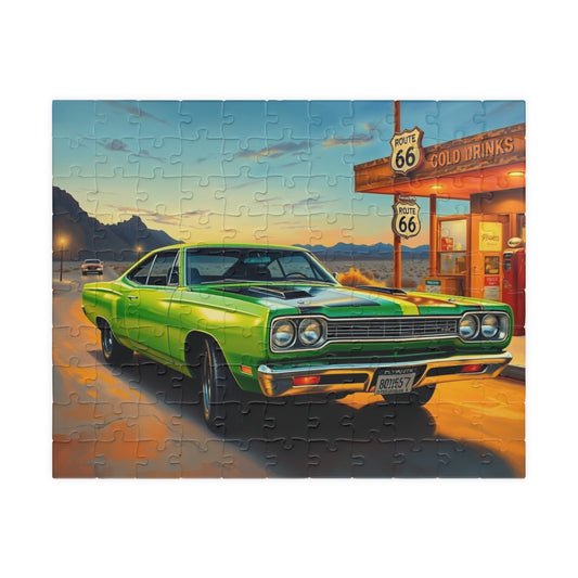 Vintage Route 66 Car Jigsaw Puzzle, Lime Green 1969 Plymouth Road Runner Nostalgic Gift for Car Lovers, Family Fun, Automobile Enthusiasts 110 pcs (Horizontal) Puzzle The Puzzle Chest