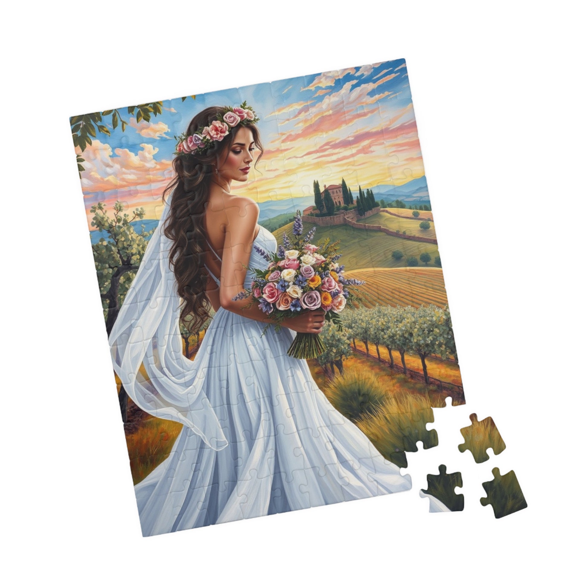 Elegant Italian Bride Jigsaw Puzzle, White Gown Floral Crown Wildflower Bouquet, Tuscan Vineyard Romantic Wedding, Puzzle Enthusiast Gift Puzzle The Puzzle Chest
