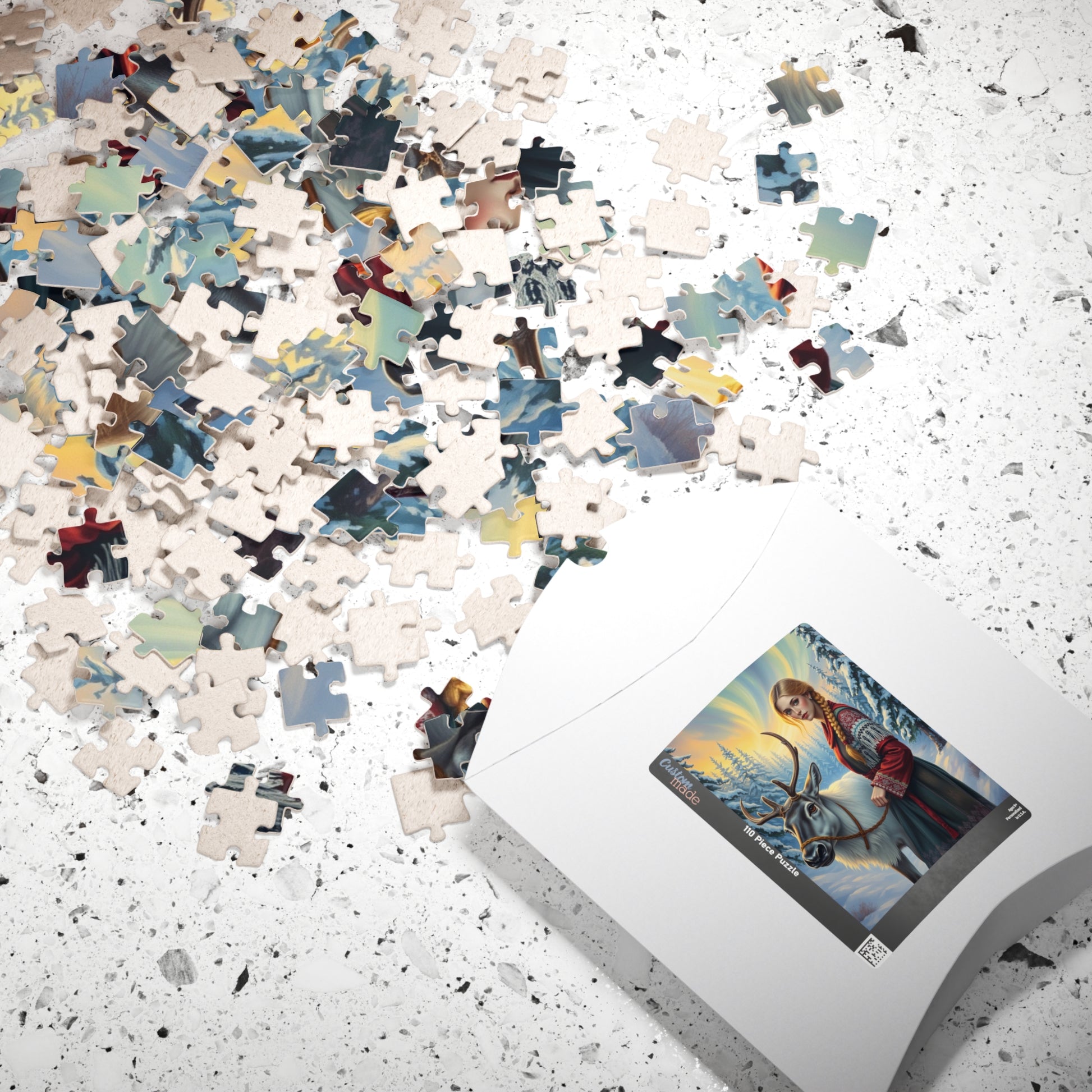 Nordic Cultural Winter Jigsaw Puzzle, Woman Guiding Reindeer Northern Lights, Sami Attire Snowy Forest, Best Unique Gift for Puzzle Lover Puzzle The Puzzle Chest