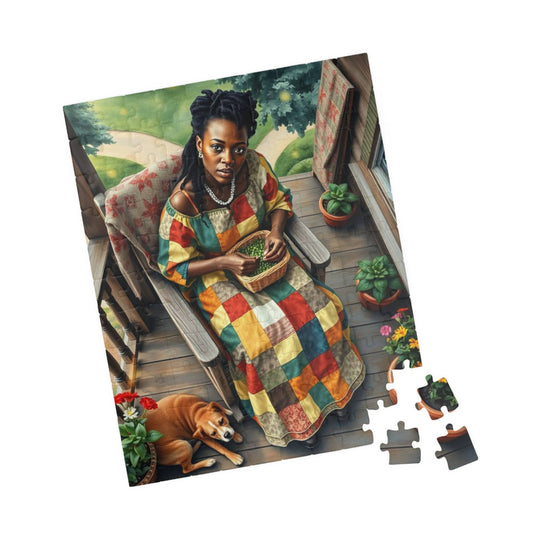 The Homemaker Jigsaw Puzzle – Black Woman Shelling Peas with Dog, Afrocentric Art, African American Artwork 110 pcs (Vertical) Puzzle The Puzzle Chest