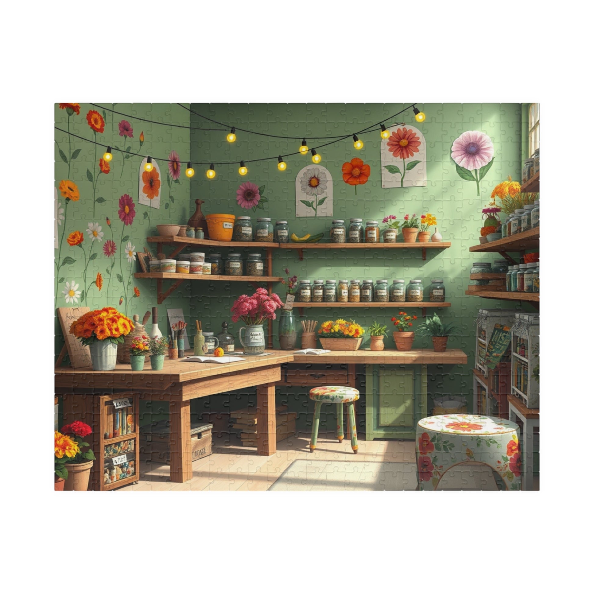 Country Garden Workshop Puzzle (110-1014 Piece), Colorful Flower Illustrations Sage Green Walls and String Lights, Plant Enthusiast Gift 520 pcs (Horizontal) Puzzle The Puzzle Chest