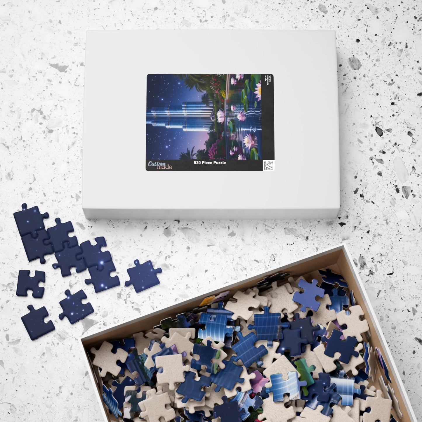 Burj Khalifa Reflections Jigsaw Puzzle, Dubai Skyline Lotus Water Lily Night Garden Landscape, Best Gift for Traveler Art Lover, Hobbyist Puzzle The Puzzle Chest