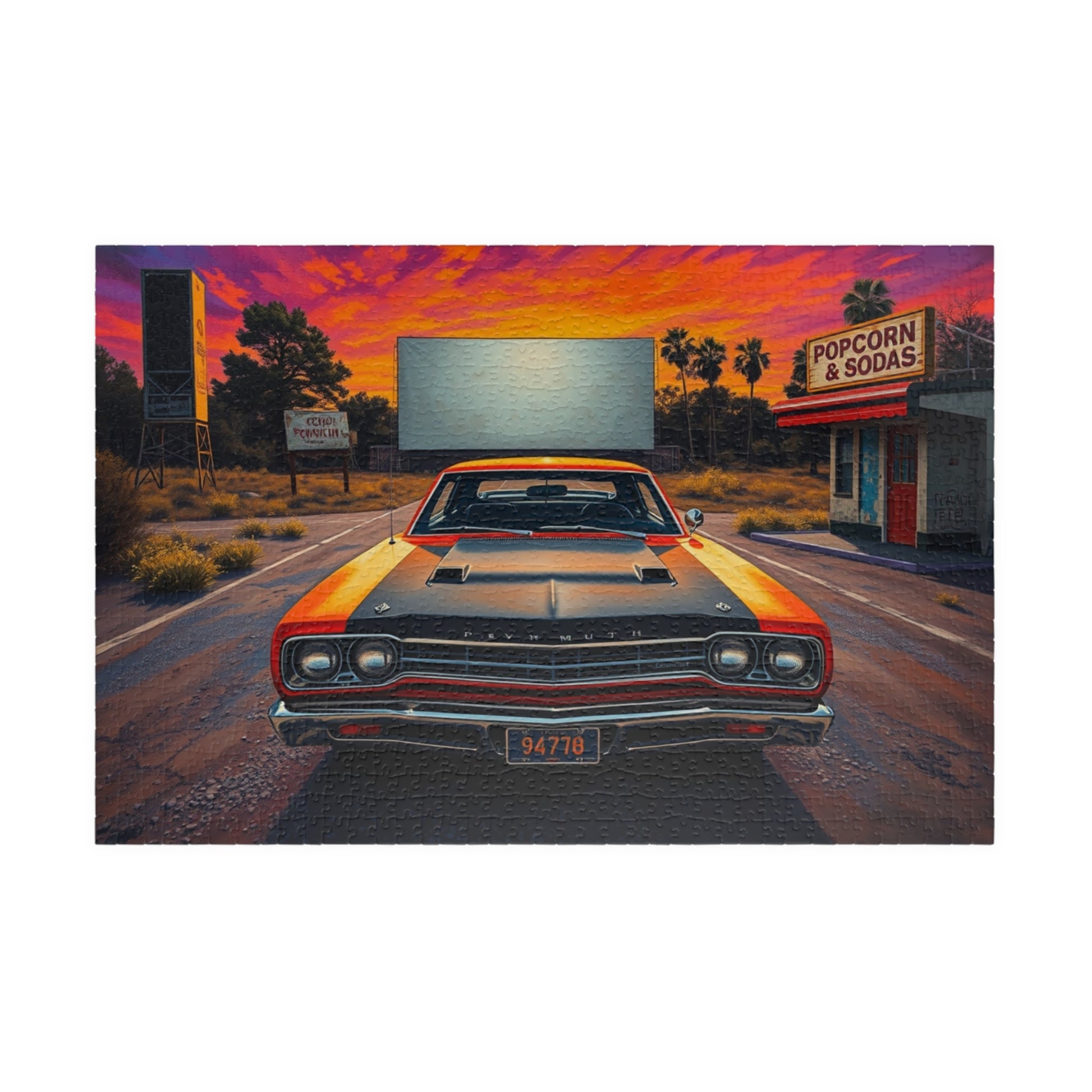 Vintage Car Puzzle, Orange 1969 Plymouth Road Runner, Sunset Classic Vehicle Scene Nostalgic Drive-In Background, Retro Puzzle Lover Gift 1014 pcs (Horizontal) Puzzle The Puzzle Chest