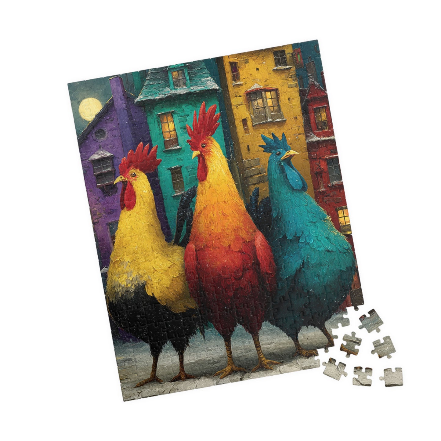 Moonlit Roosters in a Snowy Village Jigsaw Puzzle - Chickens and Colorful Crooked Houses 252 pcs (Vertical) Puzzle The Puzzle Chest