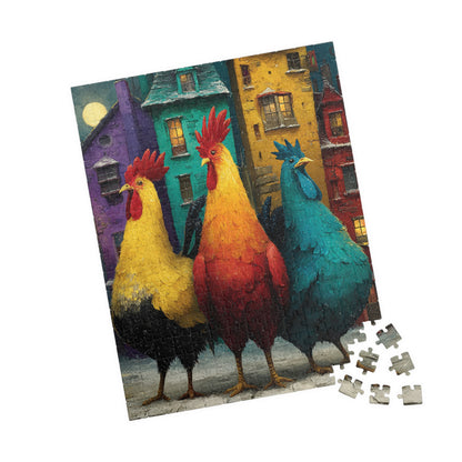 Moonlit Roosters in a Snowy Village Jigsaw Puzzle - Chickens and Colorful Crooked Houses 252 pcs (Vertical) Puzzle The Puzzle Chest