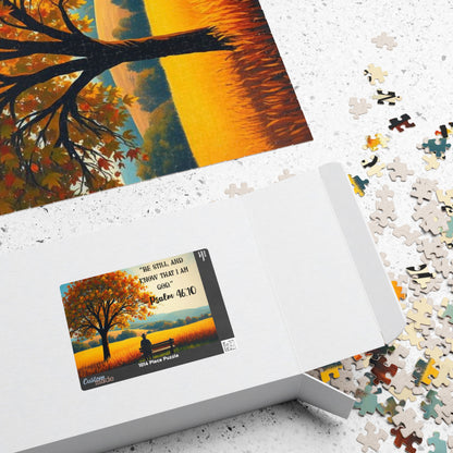 Faith and Stillness Jigsaw Puzzle – Serene Fall Landscape with Wheat Field and Bench, Bible Verse Psalm 46:10, Inspirational Gift for Friends Puzzle The Puzzle Chest