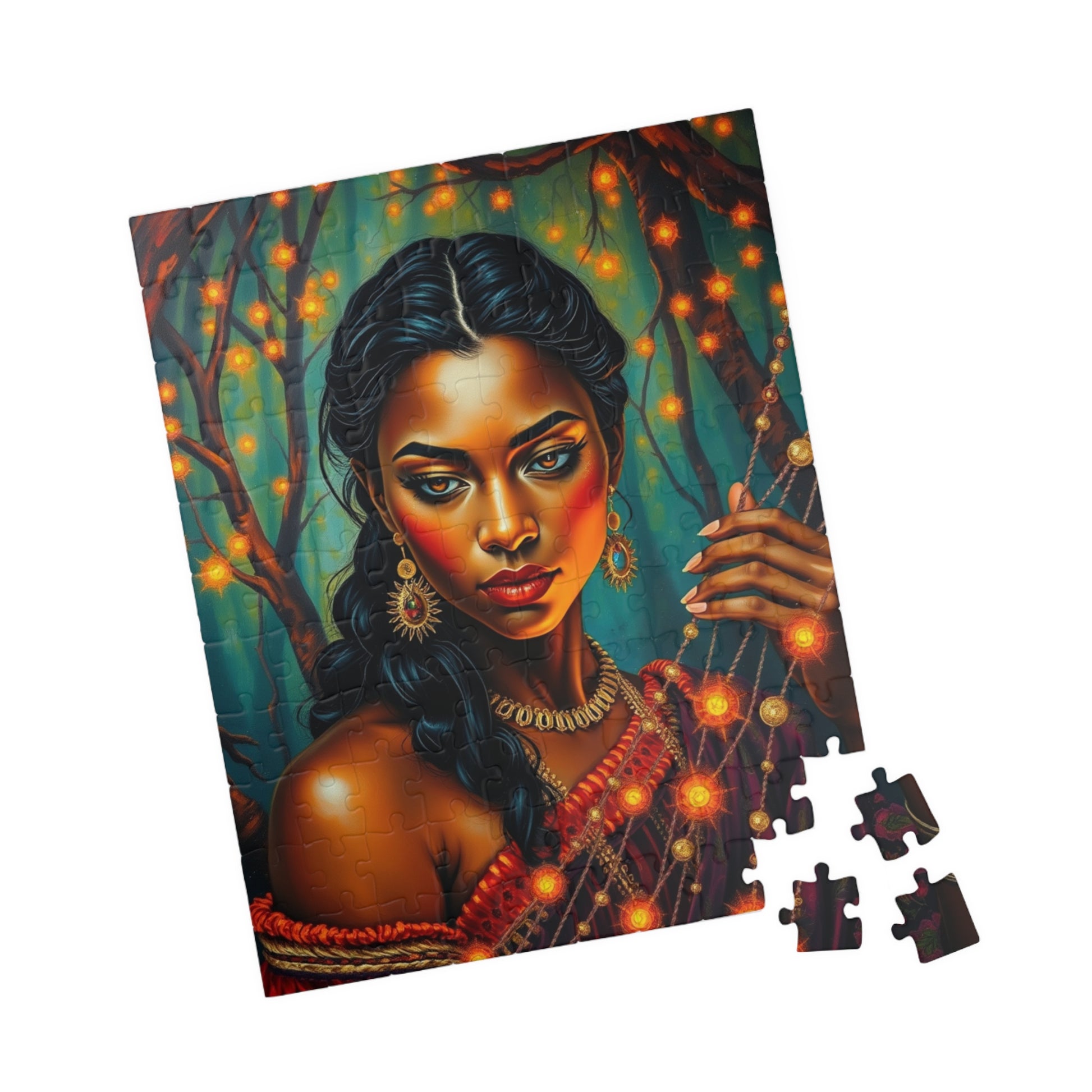 Indigenous Woman Portrait Puzzle, Beautiful Bioluminescent Forest Scene, Family Friendly Mindful Jigsaw Game, Challenge for Puzzle Lover Puzzle The Puzzle Chest