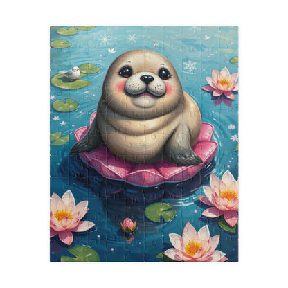 Cute Seal Jigsaw Puzzle with Lilies, Family Fun Activity, Home Entertainment, Gift for Animal Lover 110 pcs (Vertical) Puzzle The Puzzle Chest