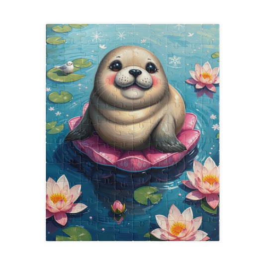 Cute Seal Jigsaw Puzzle with Lilies, Family Fun Activity, Home Entertainment, Gift for Animal Lover 110 pcs (Vertical) Puzzle The Puzzle Chest