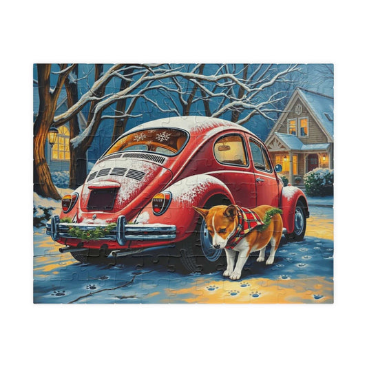 Charming Holiday Vintage Car Puzzle - Winter Retro Auto Scene with Corgi, Christmas Themed Jigsaw Puzzle
