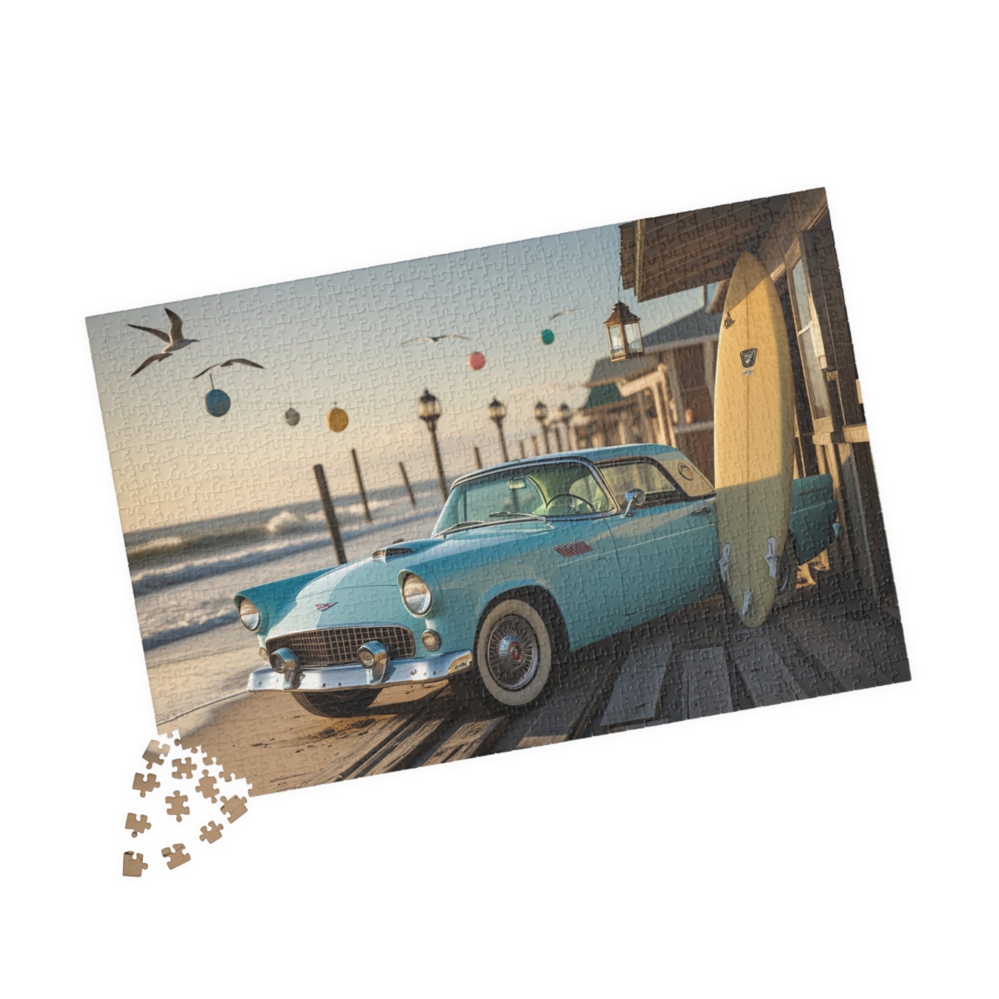 Vintage Car Jigsaw Puzzle - Classic 1955 Thunderbird | Retro Auto Beach Scene Puzzle The Puzzle Chest